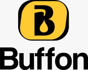 Logomarca da empresa Postos Buffon em letras pretas, e detalhes amarelos